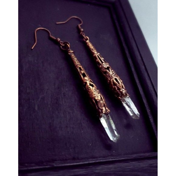 Copper plated filigree quartz crystal earrings handmade gothic style jewelry - Picture 2 of 12